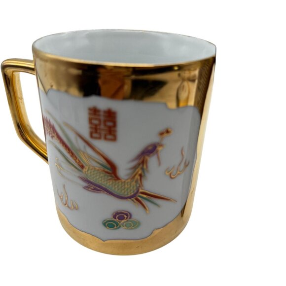Vtg Chinese Golden Dragon Red Phoenix Ceramic Tea Mug & Lid Gilt 2 Sided - Picture 8 of 11